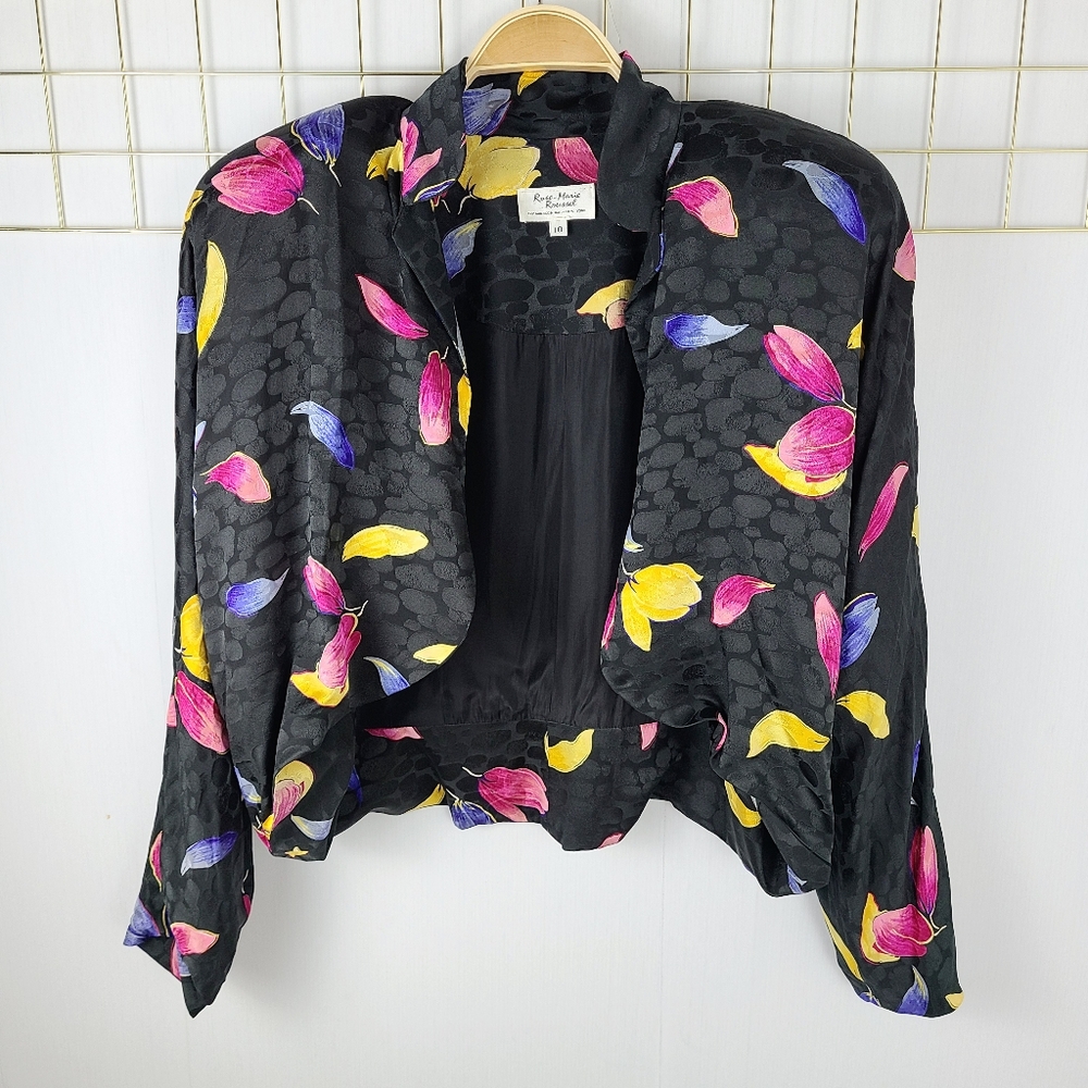 Rose-Marie Roussel Silk Black Pink Floral Crop Vintage Jacket